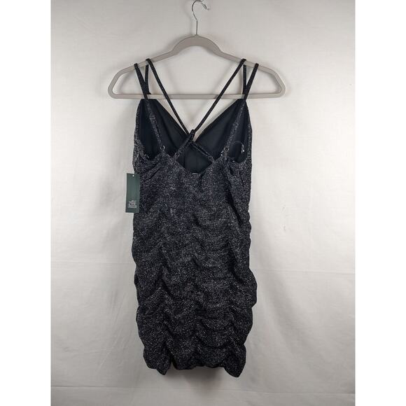 Ruched Bodycon Dress Sleeveless Mini Wild‎ Fable Black XS Plunge Shimmer Fitted - Picture 2 of 7